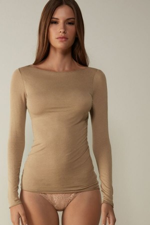 Dlhym Rukavom Intimissimi Boat Neck Modal Cashmere Ultralight Damske Hnede | 07139-QZYL