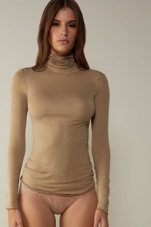 Dlhym Rukavom Intimissimi Modal Cashmere Ultralight High-Neck Damske Hnede | 50931-QPEG