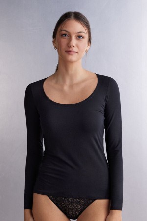 Dlhym Rukavom Intimissimi Scoop Neck In Micro-Modal Damske Čierne | 06529-YUZQ