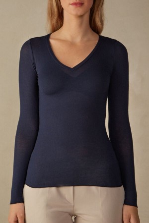 Dlhym Rukavom Intimissimi V-Neck Top In Modal Ultralight With Cashmere Damske Modre | 60589-JZQX