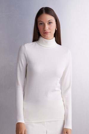 Dlhym Rukavom Intimissimi Wool Cotton High Collar Damske Biele | 82764-DLHJ