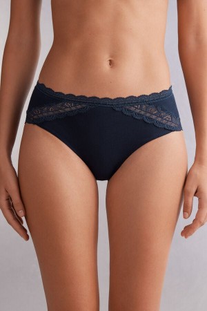 Nohavičky Intimissimi Semi-High Rise Cotton And Lace Damske Modre | 28914-FLHY