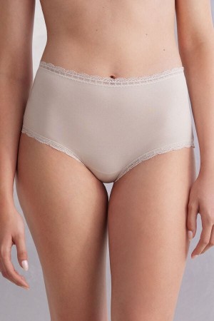 Slipy Intimissimi High Rise Cotton And Lace Hipsters Damske Krém Ruzove | 42658-FPOB