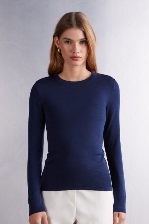 Sveter Intimissimi Wool Cotton Crewneck Damske Modre | 40591-YBRC