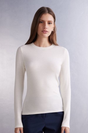 Sveter Intimissimi Wool Cotton Crewneck Damske Biele | 08279-XLWR