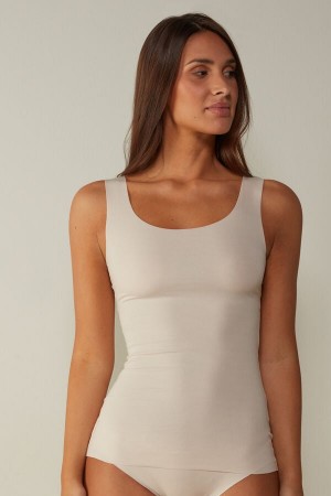 Tielko Intimissimi Raw Edge Round Neck Cotton Damske Krém Ruzove | 51278-MFRK