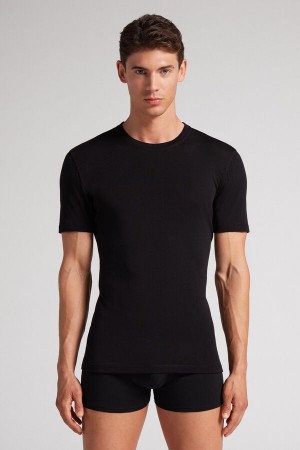 Tricko Intimissimi Stretch Merino Wool Short-Sleeve Panske Čierne | 28701-WVSK