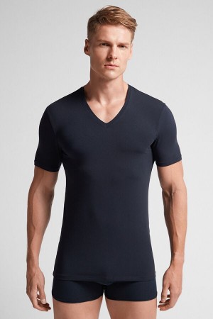 Tricko Intimissimi Stretch Superior Cotton V-Neck Panske Čierne | 56143-DLXM