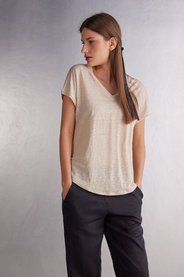 Short Sleeve Intimissimi Linen V-Neck Damske Béžové | 08342-KFAO