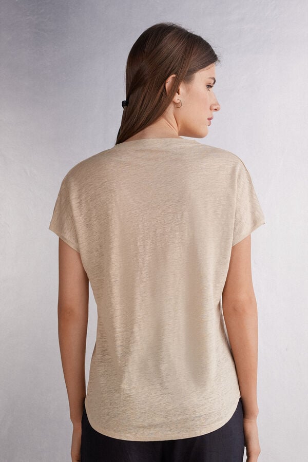 Short Sleeve Intimissimi Linen V-Neck Damske Béžové | 08342-KFAO