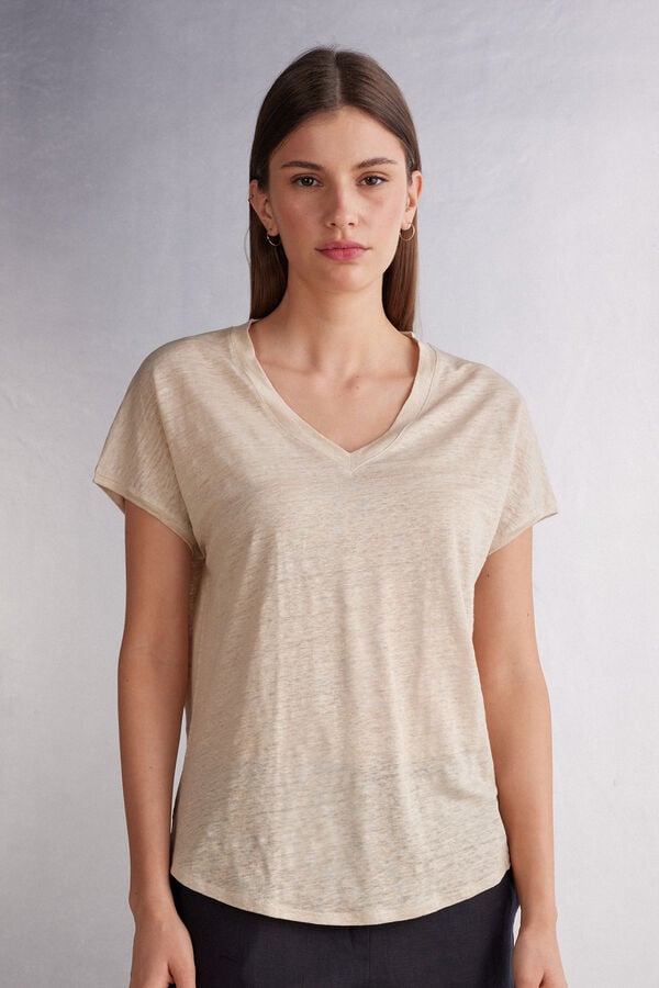 Short Sleeve Intimissimi Linen V-Neck Damske Béžové | 08342-KFAO