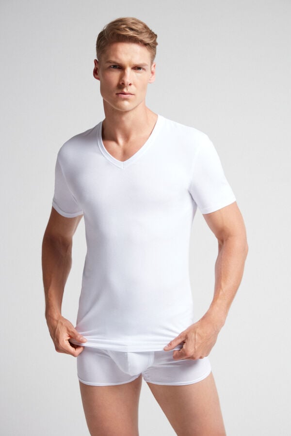 Tricko Intimissimi Stretch Superior Cotton V-Neck Panske Biele | 46902-MYKT