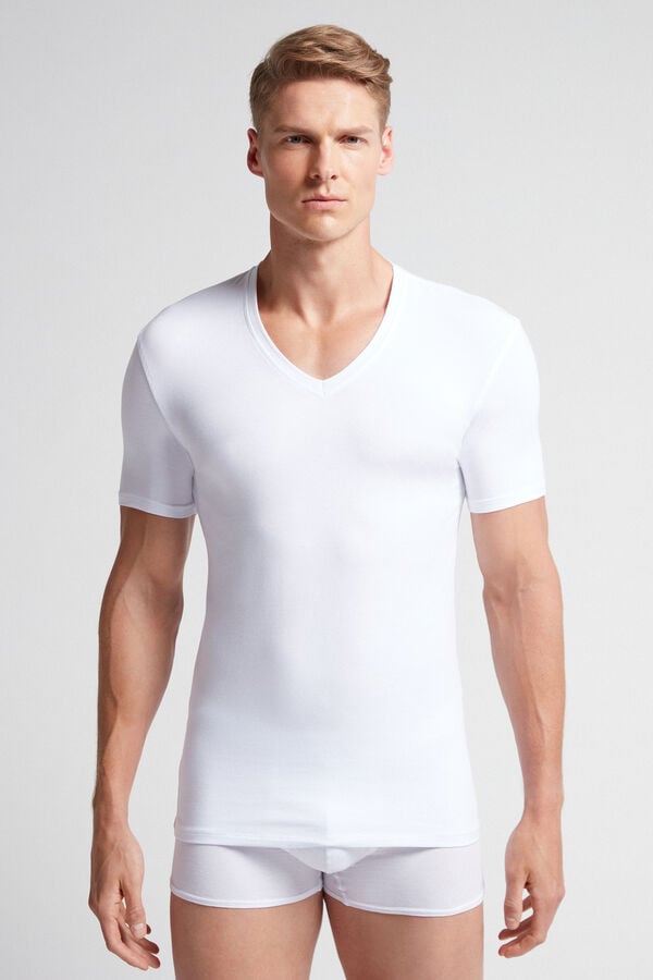 Tricko Intimissimi Stretch Superior Cotton V-Neck Panske Biele | 46902-MYKT